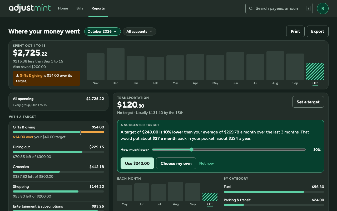 Reports as built, version 1.0.0: a group, with a suggested target. wide, 1280px, dark