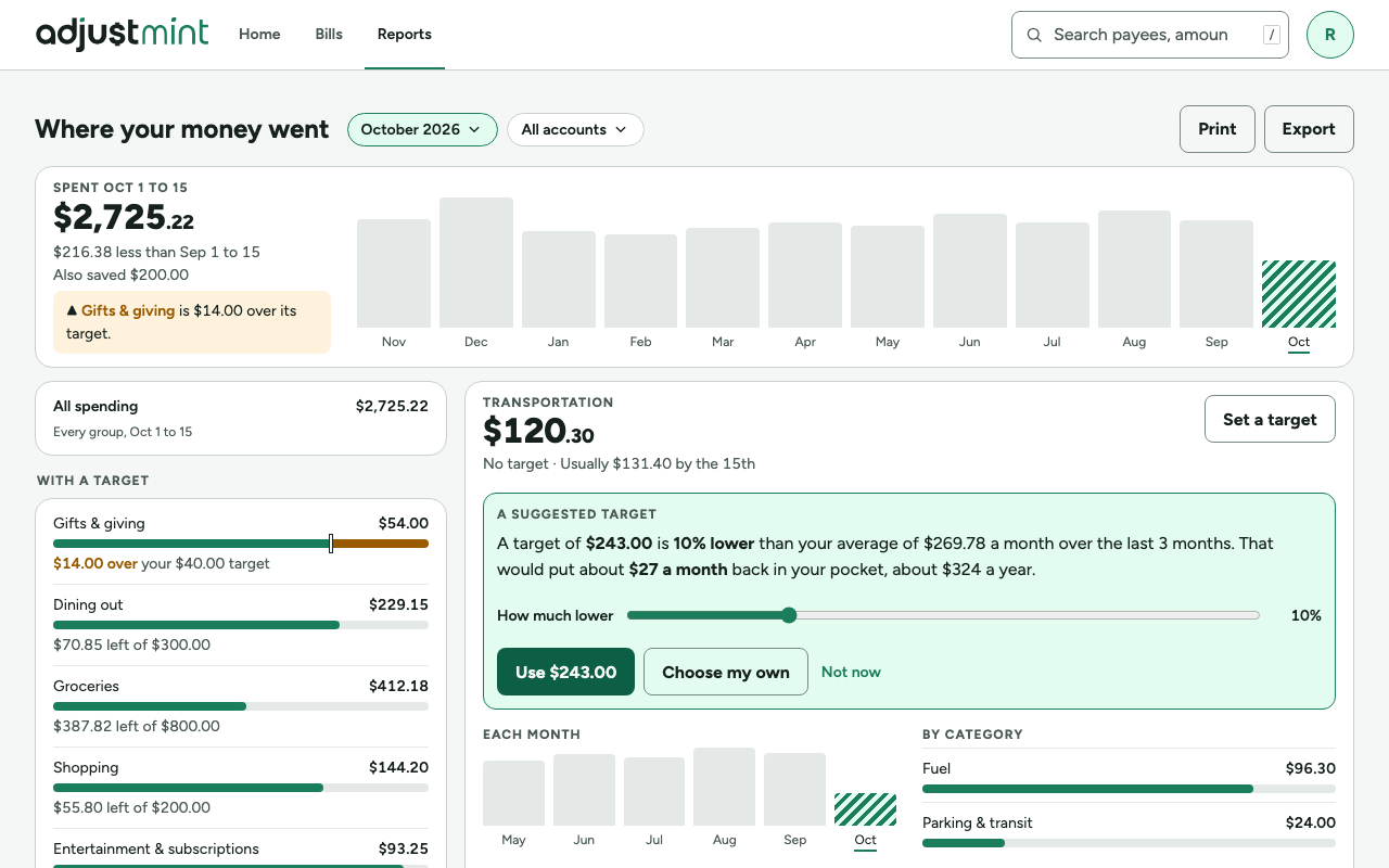 Reports as built, version 1.0.0: a group, with a suggested target. wide, 1280px, light