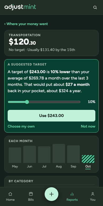 Reports as built, version 1.0.0: a group, with a suggested target. phone, 390px, dark