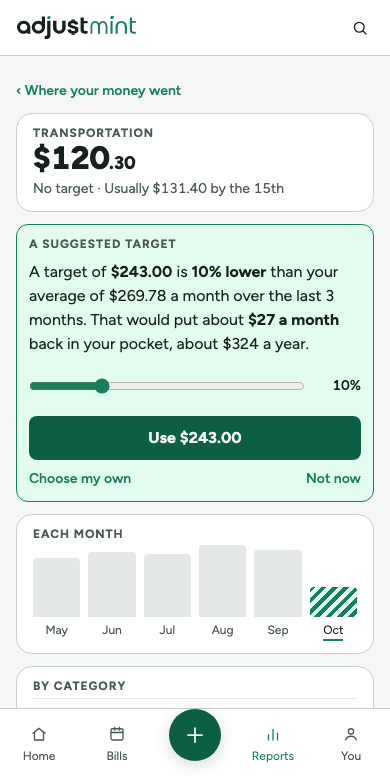 Reports as built, version 1.0.0: a group, with a suggested target. phone, 390px, light